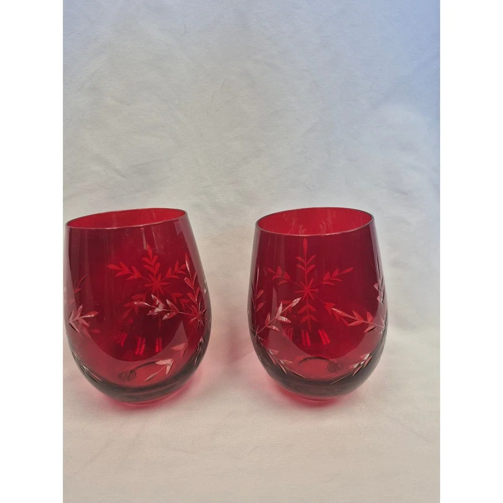 Set of 2 Ruby Red Cut Snowflake Stemless Wine Glasses Handmade Holiday Christmas